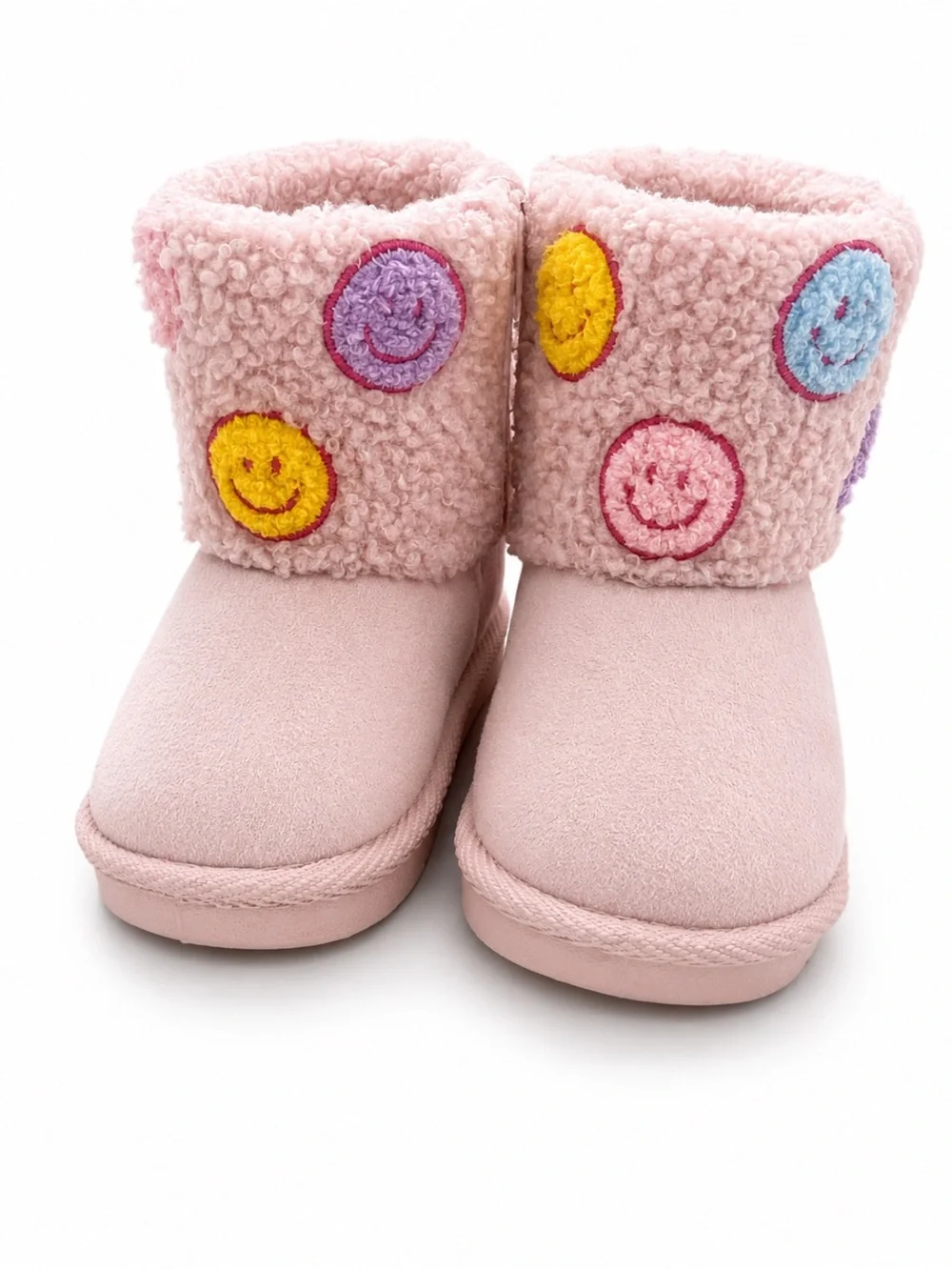 bebe Pink Sherpa Cuff Booties with Multicolor Smiley Patches